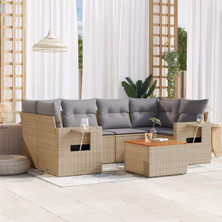 vidaXL Set Divano da Giardino a L in Polyrattan con Cuscini Beige e Grigio, 7 Pezzi