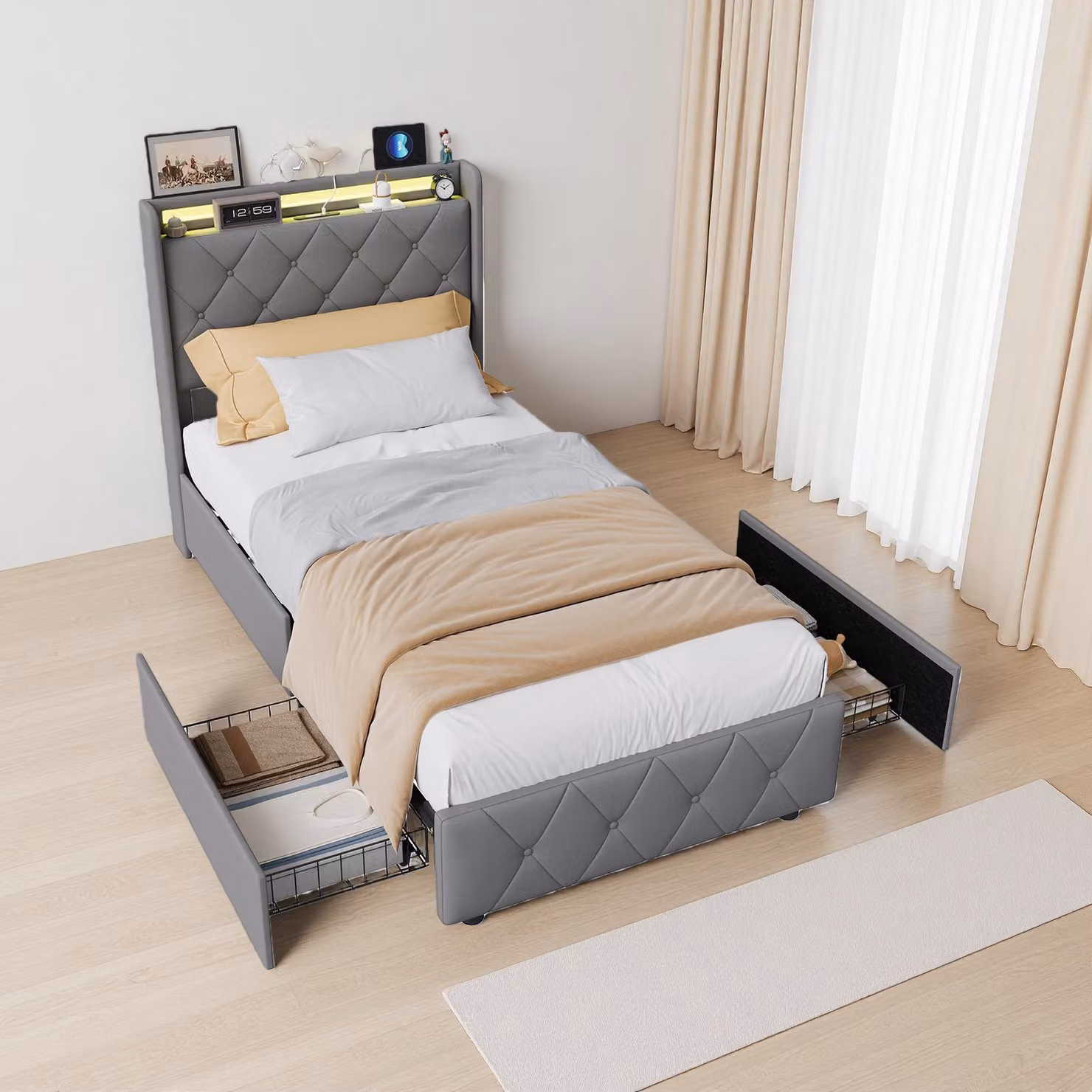 Letto imbottito ProximaX 90x200 cm in velluto grigio, illuminazione LED RGB e stazione di ricarica, letto con 2 cassetti