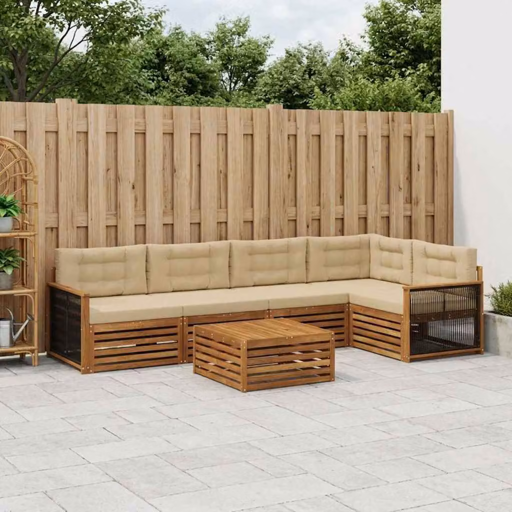 Set di divani da esterno vidaXL a forma di L in legno di acacia con tavolo da caffè, 6 pezzi, Beige e Marrone