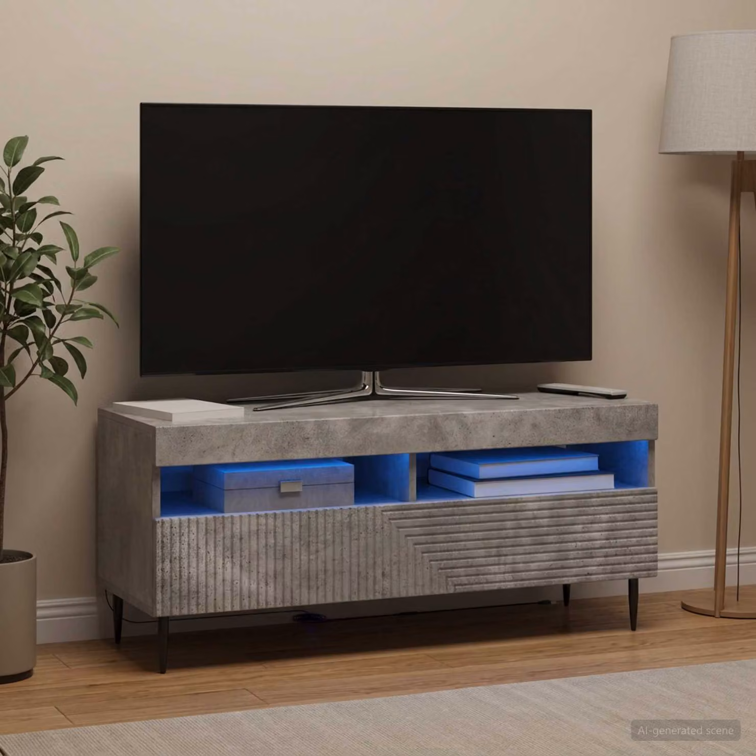 Mobile TV LED vidaXL HAARLEM con illuminazione integrata e ruote, Grigio Cemento, L 100 x P 35 x H 43 cm