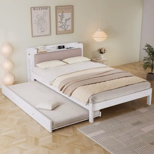 Letto funzionale 120x200 cm in legno bianco con letto estraibile 90x190 cm e testiera imbottita
