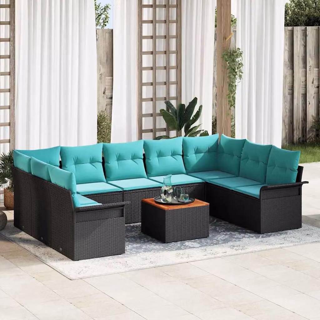 Set Divano da Giardino vidaXL 10 Pezzi a Forma di U con Tavolino, Colore Nero e Turchese