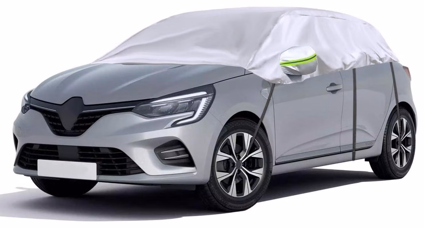Copertura per auto, modello "mezza garage", per Renault Clio (2005-2023), colore argento, protezione per tutto l'anno, riflettente