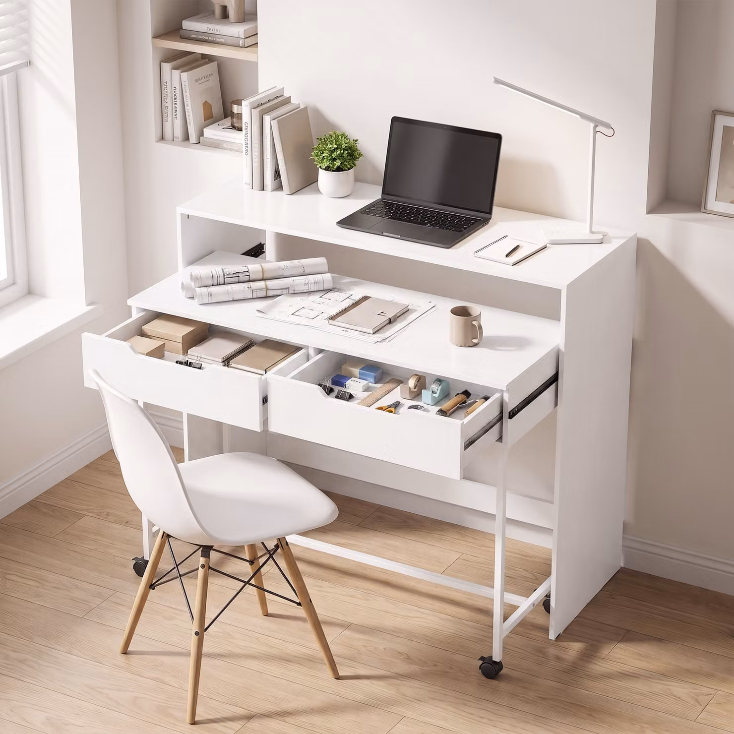 Scrivania per computer estensibile HOMCOM con 2 cassetti e contenitore, Bianco – 2