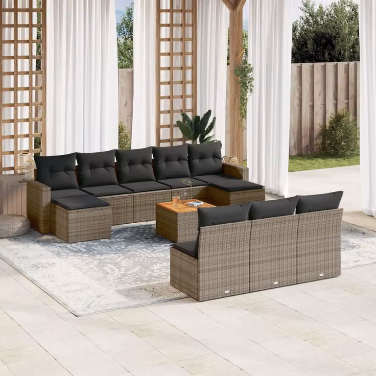 vidaXL Set Divani da Giardino 11 pz in Polyrattan Grigio con Cuscini e Tavolino