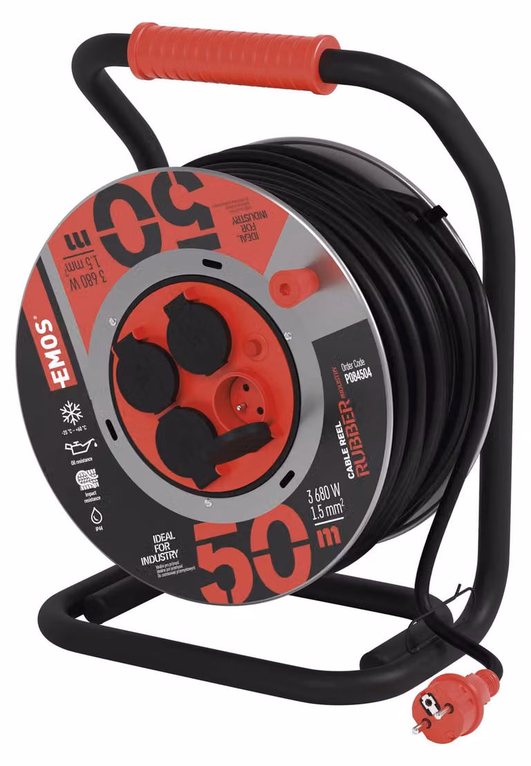 EMOS Cavo di prolunga per esterni su tamburo 50 m / 4 pz. / nero / gomma-neoprene / 230V / 1,5 mm2, P084504