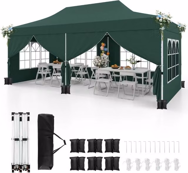 Gazebo pop-up con 6 pareti laterali e ingressi con cerniera, Gazebo istantaneo portatile per festa e picnic 3 x 6 m Verde