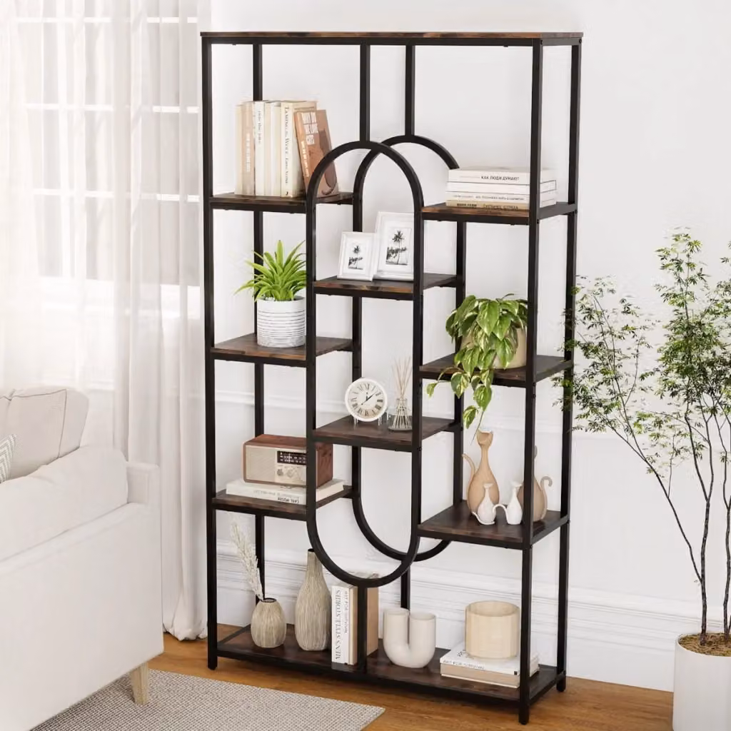 Libreria industriale a 5 ripiani con design geometrico ovale e struttura in metallo nero opaco – 2
