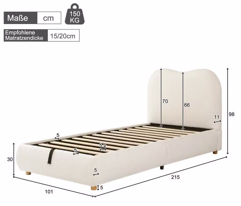 Letto singolo per bambini - Struttura del letto 90 x 200 cm - Tessuto beige bouclé - Contenitore con sistema idraulico - Retino in legno - Testiera imbottita - Design moderno