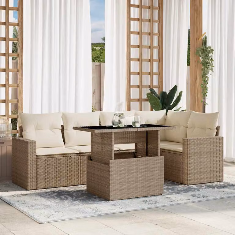 Set Divano da Giardino vidaXL 6 pz a L con Cuscini Beige in Polyrattan e Tavolino in Vetro