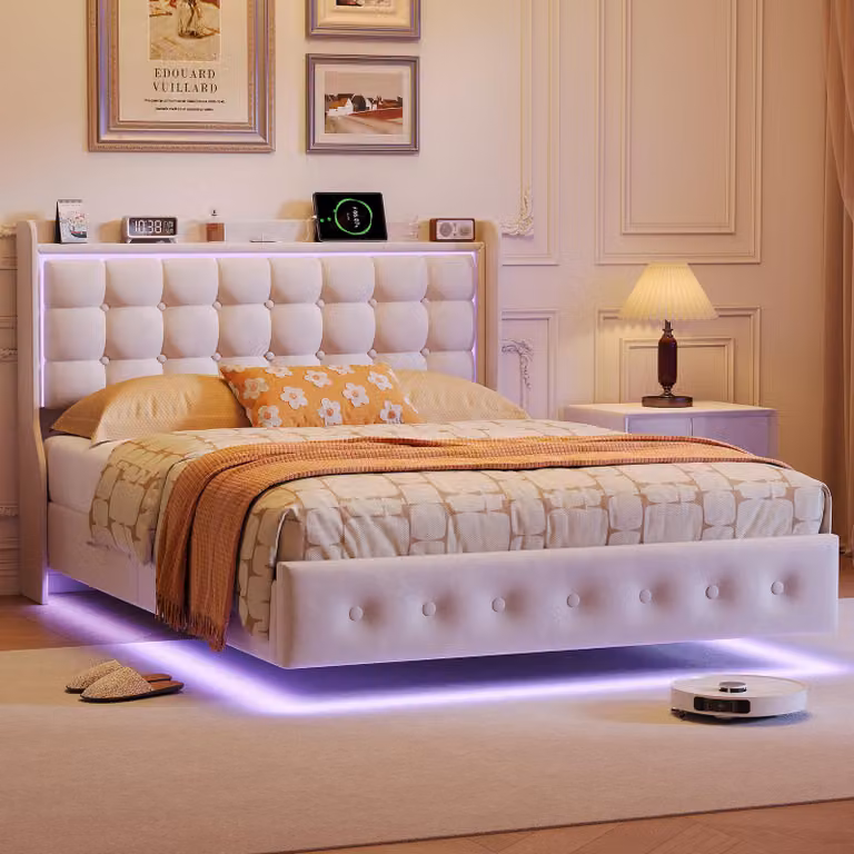 Letto 140x200 cm in velluto bianco, illuminazione LED RGB, stazione di ricarica USB/Type-C, letto sospeso