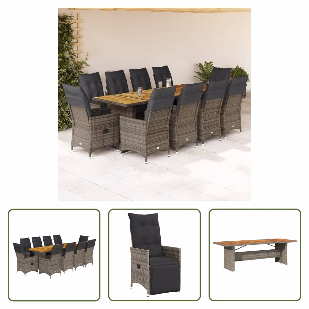 The Living Store Set bistrot da giardino 11 pezzi con cuscini in poly rattan grigio