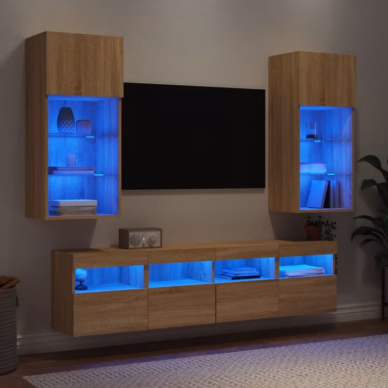 Mobile TV a muro vidaXL con illuminazione LED integrata in legno Rovere Sonoma e finitura opaca, set da 5 pezzi