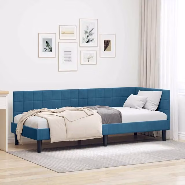 Cornice del letto ad angolo vidaXL in velluto blu, L 200 x P 80 x H 72 cm – 1
