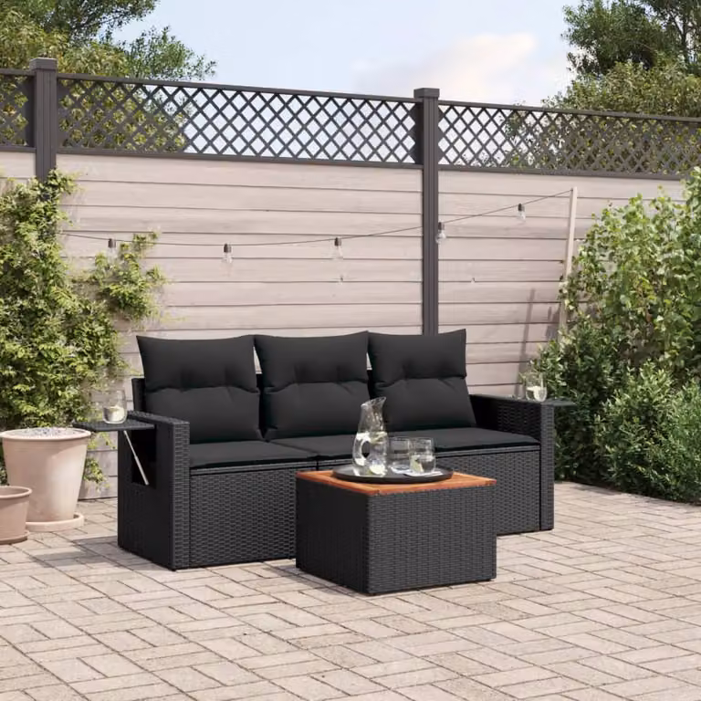 Set di divani da giardino vidaXL in polyrattan nero con cuscini, include divani a 2 e 3 posti, poltrona e tavolino da caffè
