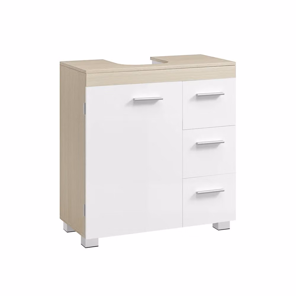Mobile Sottolavabo per Bagno con Cassetti e Anta, Bianco Nuvola + Beige Naturale / 60L cm