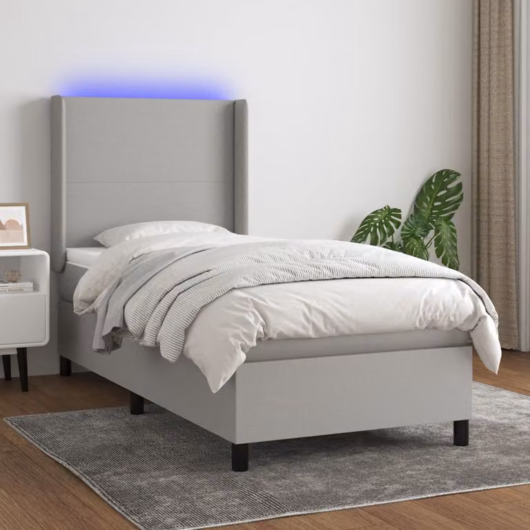 Letto a molle con materasso e illuminazione LED vidaXL in tessuto grigio chiaro, L/P/H: 90 x 200 x 128 cm