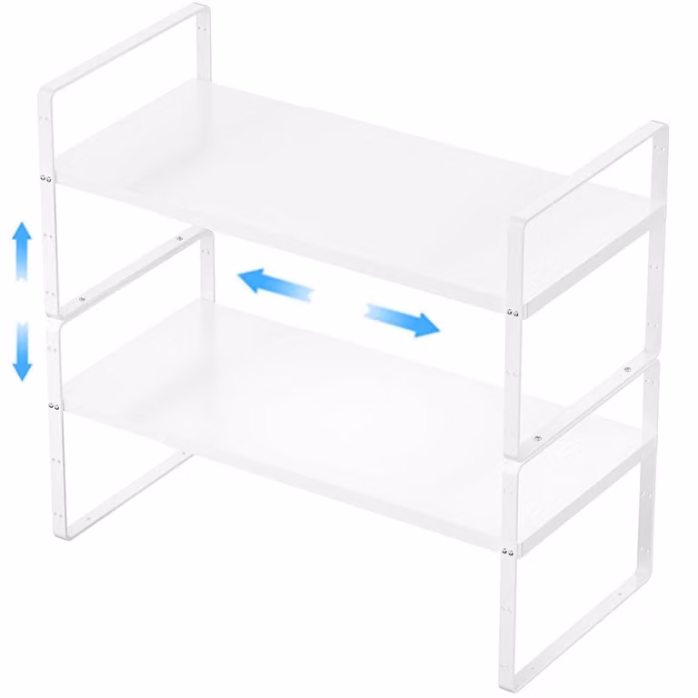 Organizzatore per scaffali da cucina, set da 2, bianco, impilabile, in metallo, regolabile da 41,9 a 69,8 cm