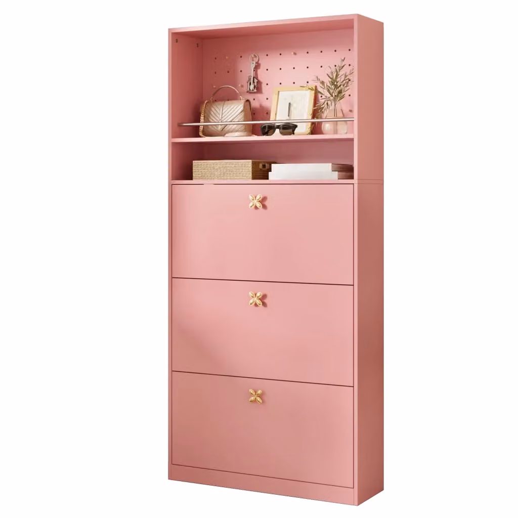 Scarpiera moderna rosa con 3 ante a ribalta, 2 vani aperti e pannello forato per ingresso, L: 80 cm, P: 24 cm, H: 178.5 cm – 2