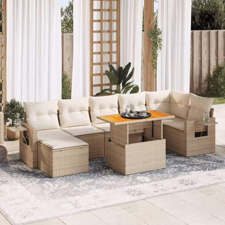 Set Divano da Giardino vidaXL 8 pz a Forma a L con Cuscini Beige e Tavolino da Esterno in Polyrattan e Acciaio