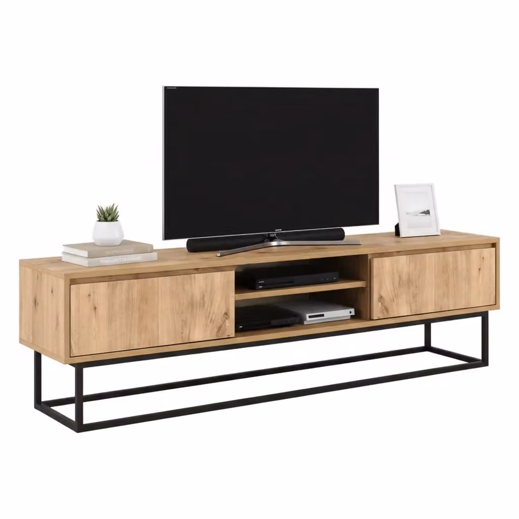 Mobile porta TV Kira DMORA, Credenza moderna per soggiorno in legno e metallo, Nero e Marrone, L: 140 cm, P: 40 cm, H: 50 cm – 2