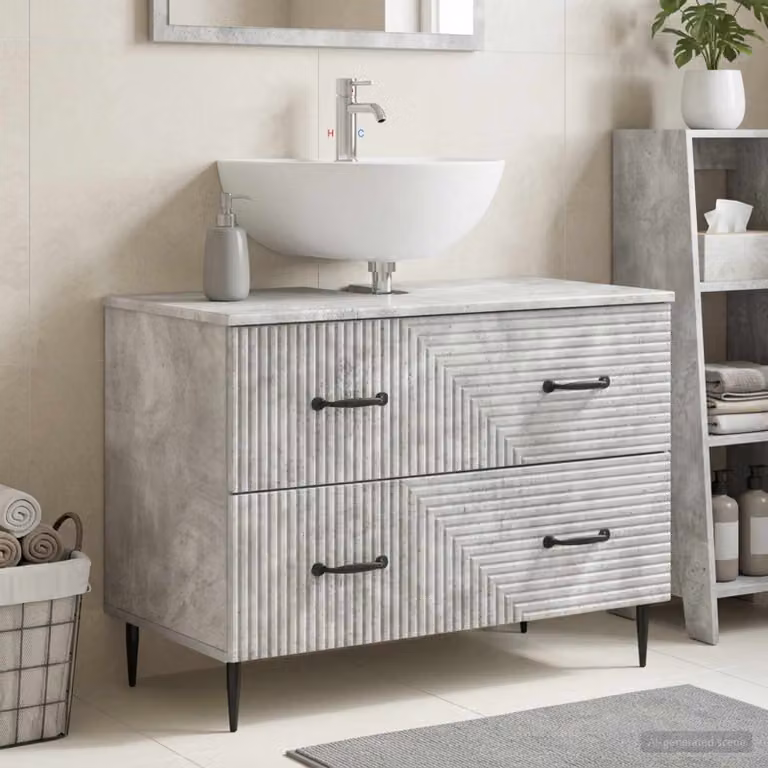 Armadio per lavabo da bagno vidaXL HAARLEM moderno con ante a battente e cassetti, Grigio Cemento e Nero, L: 82.0 cm, P: 58.5 cm, H: 41.0 cm