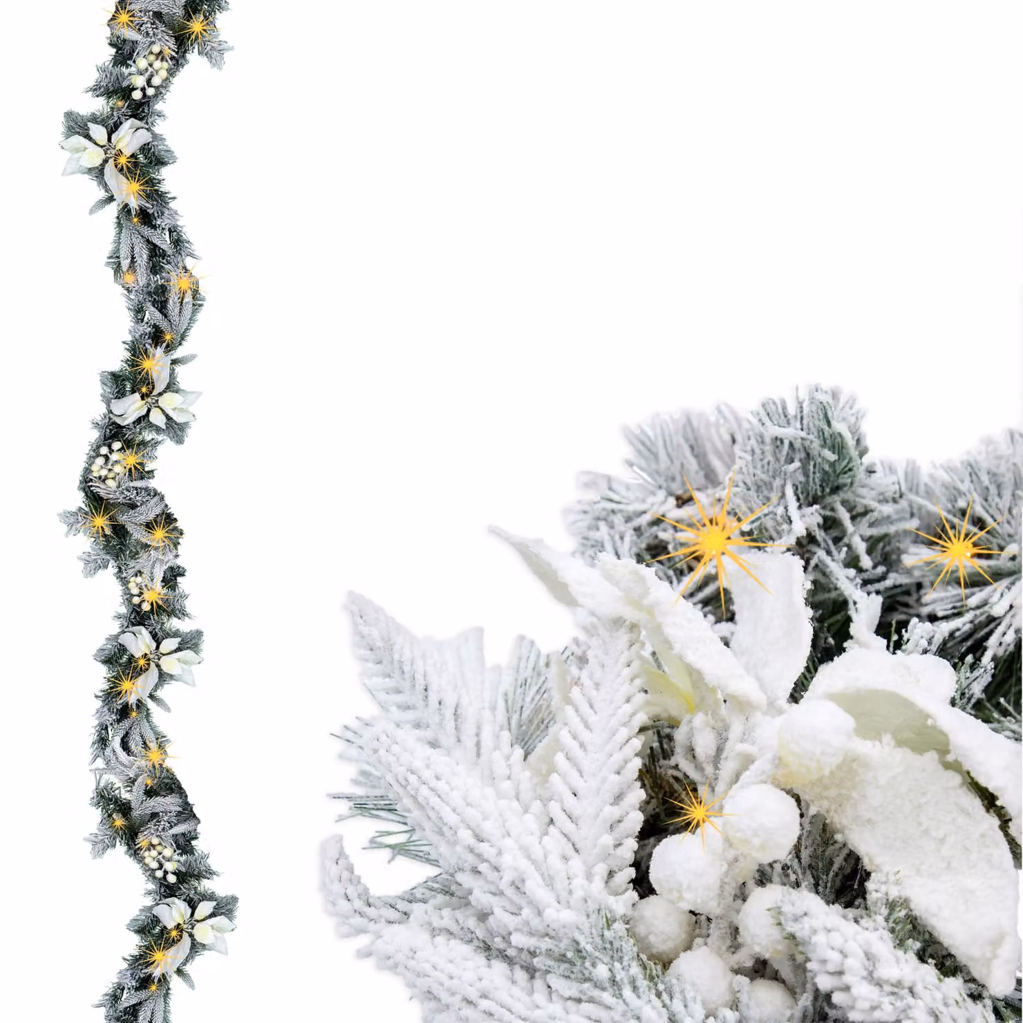 3.12.A12 Ghirlanda natalizia con neve e fiori bianchi - illuminata 50 LED / batteria / timer - lunghezza: 274 cm (HSG20-274)