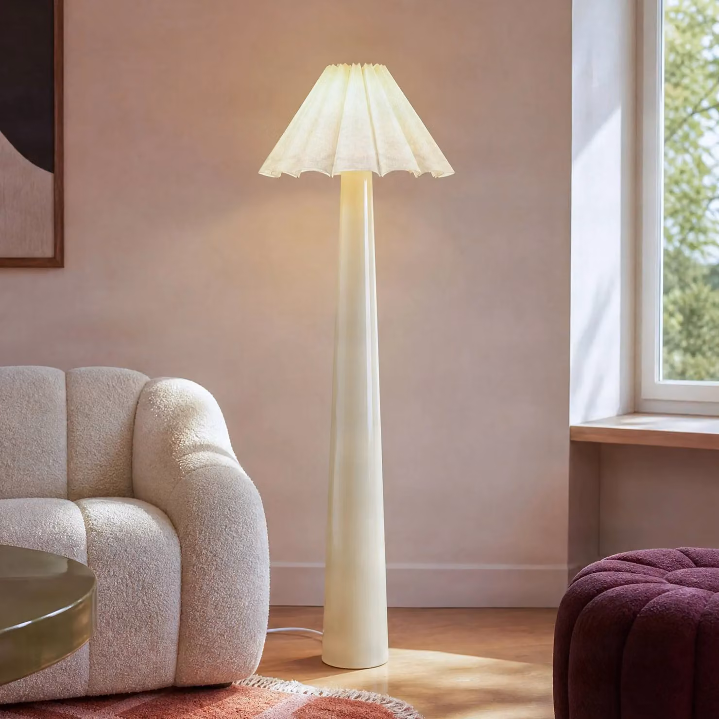 Lampada da terra Lotte Lindby, Bianco / Opale, Soggiorno / Sala da pranzo, Tessuto / Stoffa / Seta, Moderno, Lampada da terra