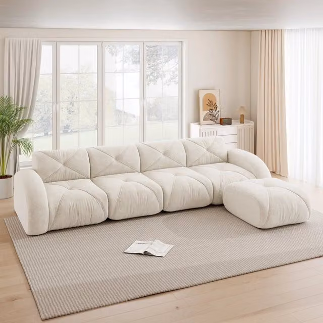 Divano modulare a L Mivray in velluto beige con cuscini inclusi per il tuo soggiorno
