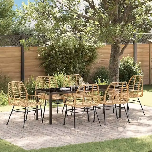 Set da pranzo per giardino e terrazzo vidaXL in polyrattan marrone con tavolo in vetro, 7 pezzi – 1
