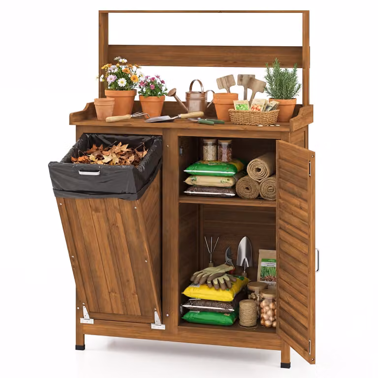 COSTWAY Tavolo da giardinaggio per esterni resistente alle intemperie, tavolo da giardinaggio in legno, tavolo da fiori con mobile base, pattumiera e ripiano regolabile, 102x43,5x152 cm, naturale