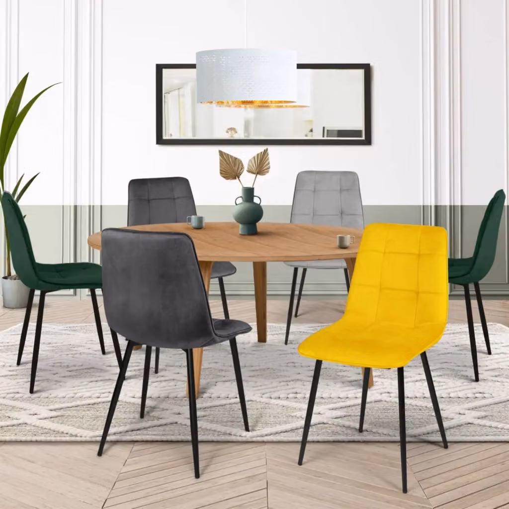 Set di 6 sedie MILA IDMarket in velluto multicolore: 2 verde, 2 grigio scuro, 1 grigio chiaro e 1 giallo – 2