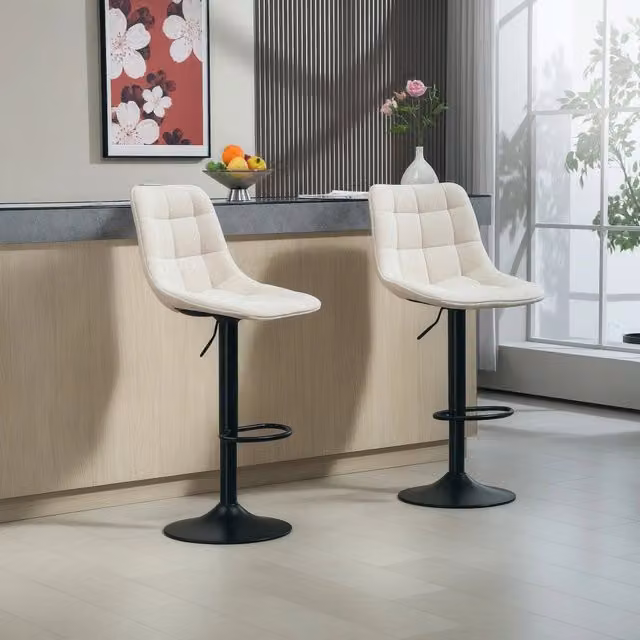 Set di 2 sgabelli da bar regolabili girevoli con schienale in poliestere beige