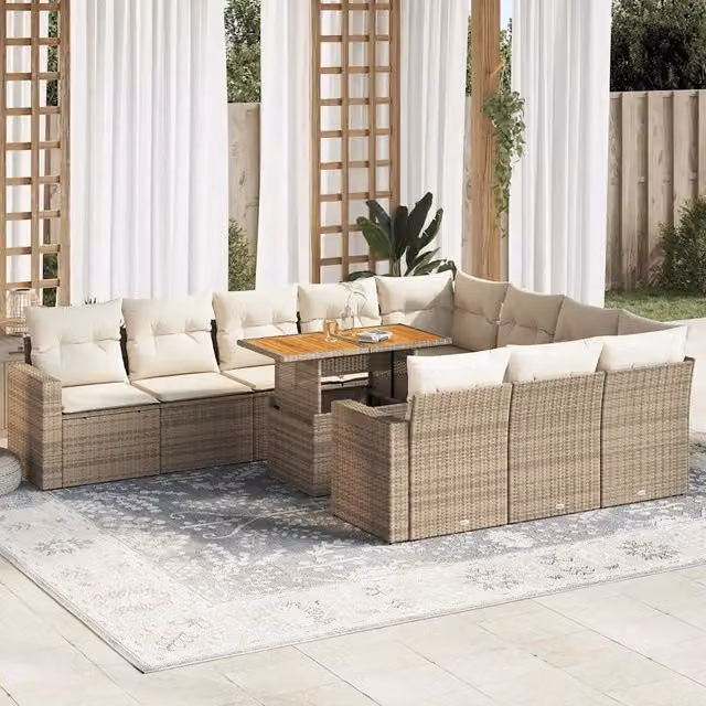 Set di divani da giardino vidaXL composto da 11 pezzi con cuscini beige in rattan e legno di acacia oliato – 1