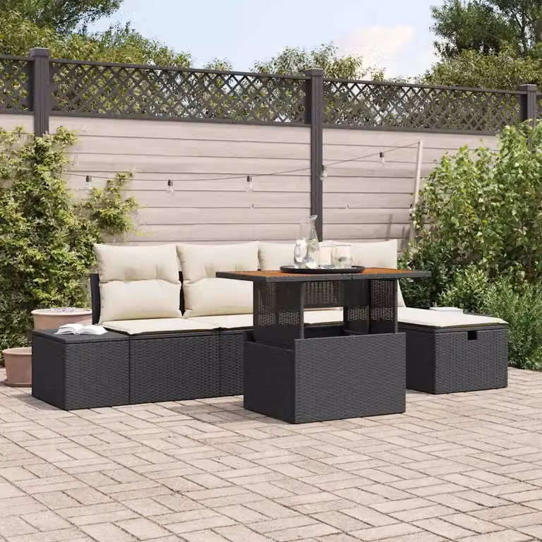Set Divano da Giardino vidaXL 6 Pezzi Nero con Cuscini e Tavolino in Metallo e Legno di Acacia