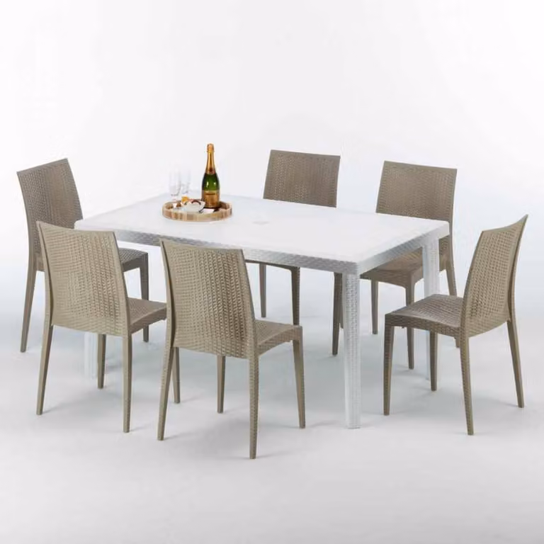 Tavolo rettangolare bianco e 6 sedie Set di bastoni per esterni in polipropilene colorato Grand Soleil Bistrot Summerlife - Beige