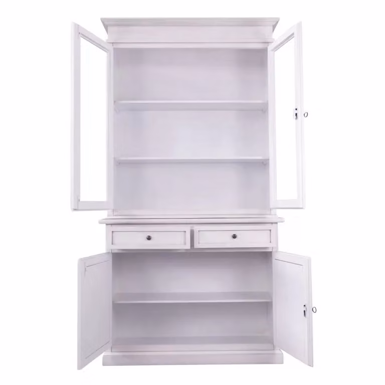 Cristalliera Shabby Chic Mobili 2G in Legno di Pino Bianco Anticato con Ante in Vetro L/P/H: 105 x 42 x 205 cm