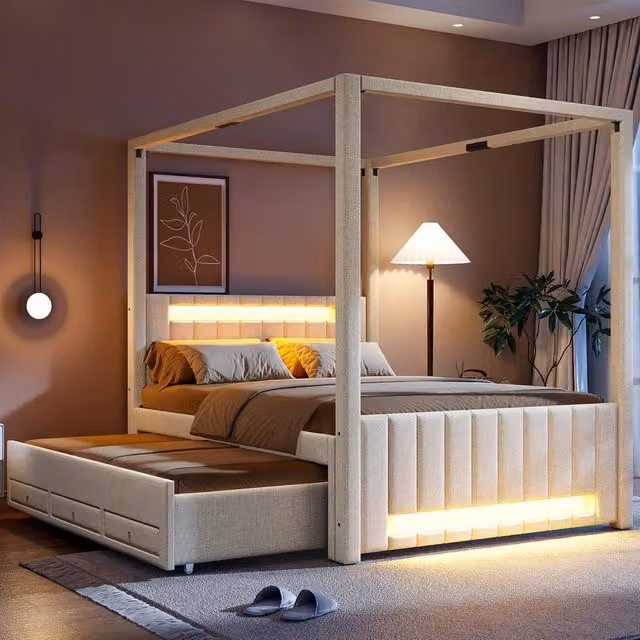 letto a baldacchino imbottito lino mdf beige 140 x 200 cm