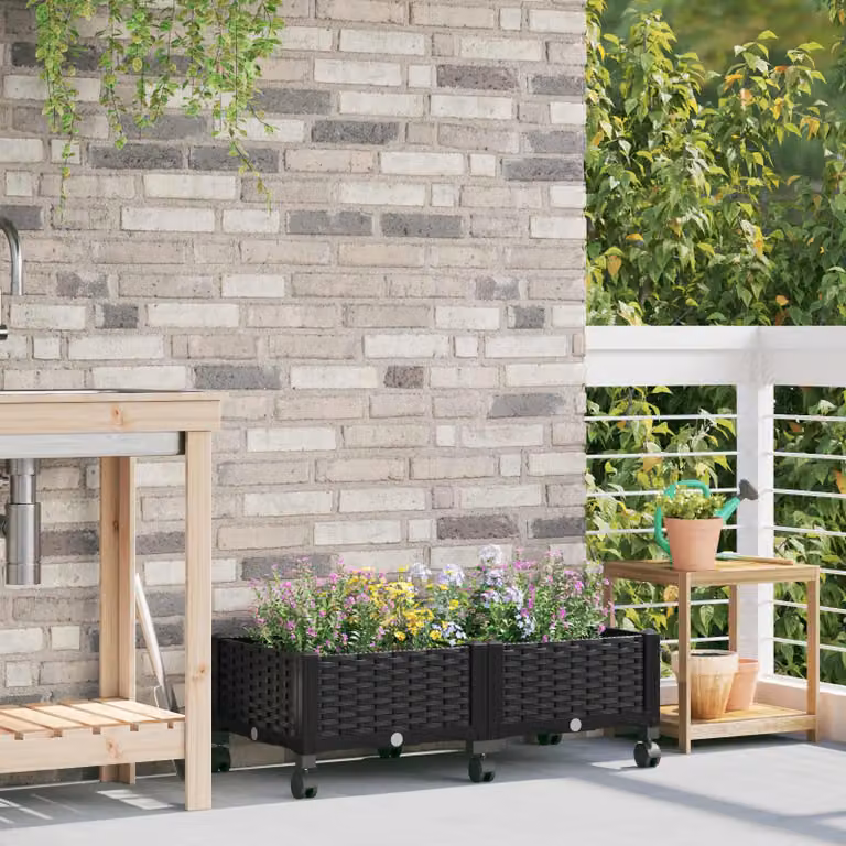 Vaso da giardino con ruote vidaXL in plastica nero L: 80 cm, P: 40 cm, H: 29 cm
