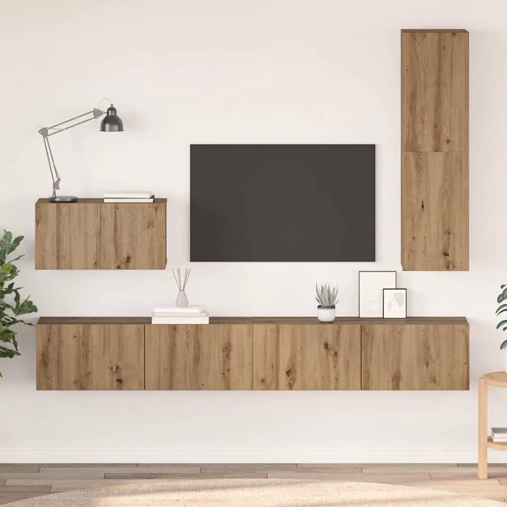 Mobile TV da parete vidaXL in legno rovere marrone, set di 4 pezzi moderno per soggiorno – 1