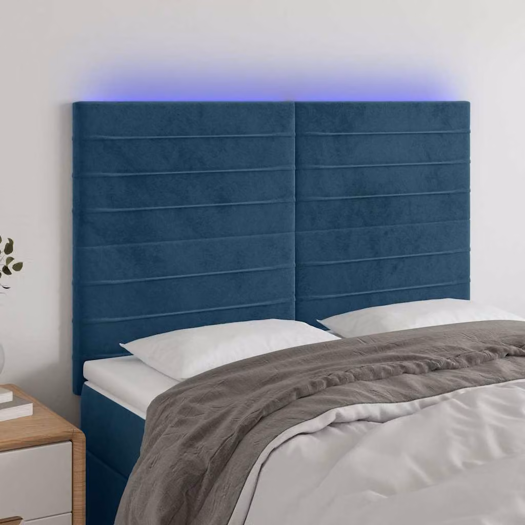 Testiera per letto vidaXL in velluto blu con illuminazione LED integrata e porta di ricarica USB, L: 144 cm, P: 5 cm, H: 118-128 cm
