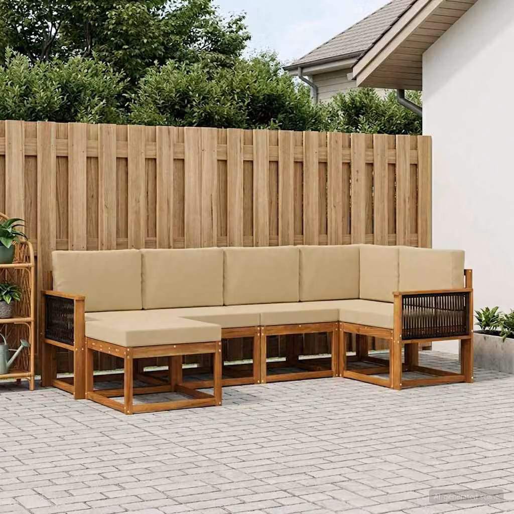 Set di divani da esterno vidaXL a forma di L in legno di acacia con cuscini, 6 pezzi, Beige e Marrone