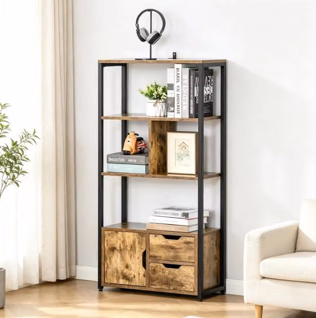Libreria 58x24x122 cm nera e legno antico, acciaio con mobile e 2 cassetti