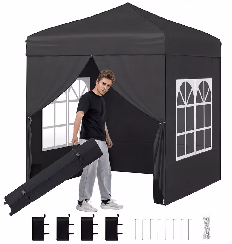 Gazebo pieghevole COSTWAY 2x2 m, gazebo da giardino con pareti laterali rimovibili, struttura in metallo, finestre, 4 sacchi di sabbia e borsa con rotelle, gazebo pieghevole nero