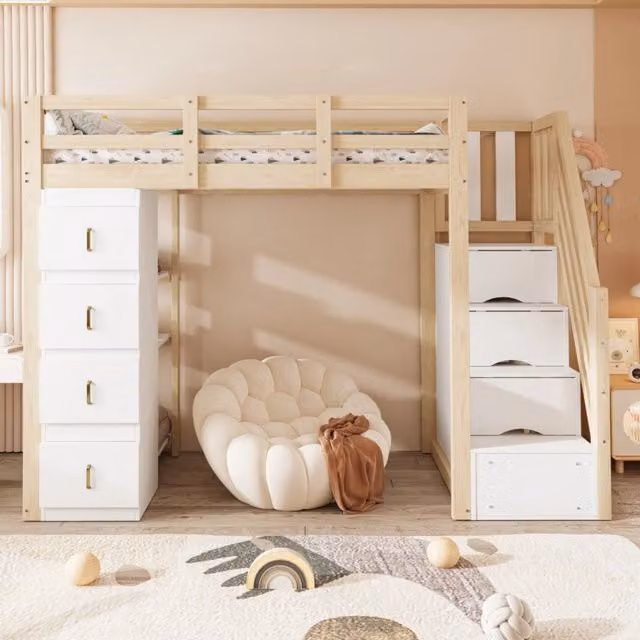 Letto a soppalco 90x200 cm in legno naturale con cassetti; scaffale e scala contenitore per cameretta