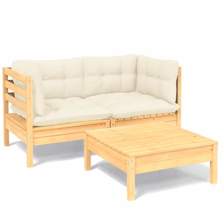 Set Salotto da Giardino 3 pz con Cuscini Crema Legno di Pino