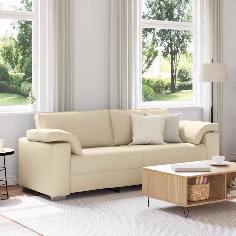 Divano 3 posti moderno vidaXL in tessuto beige con cuscini per il tuo soggiorno