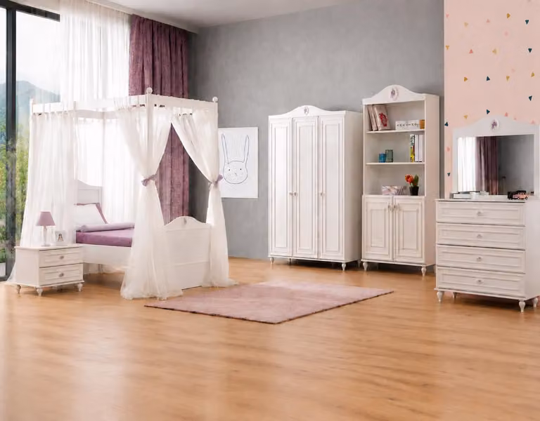 Letto a baldacchino, armadio, cassettiera, comodino, libreria, colore bianco