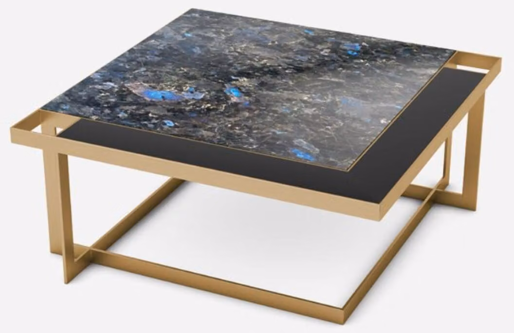 Tavolino Casa Padrino colori ottone / blu-nero / nero 93 x 93 x h. 40 cm - Tavolino da salotto moderno quadrato con piano in granito e piano in vetro - Mobili da salotto