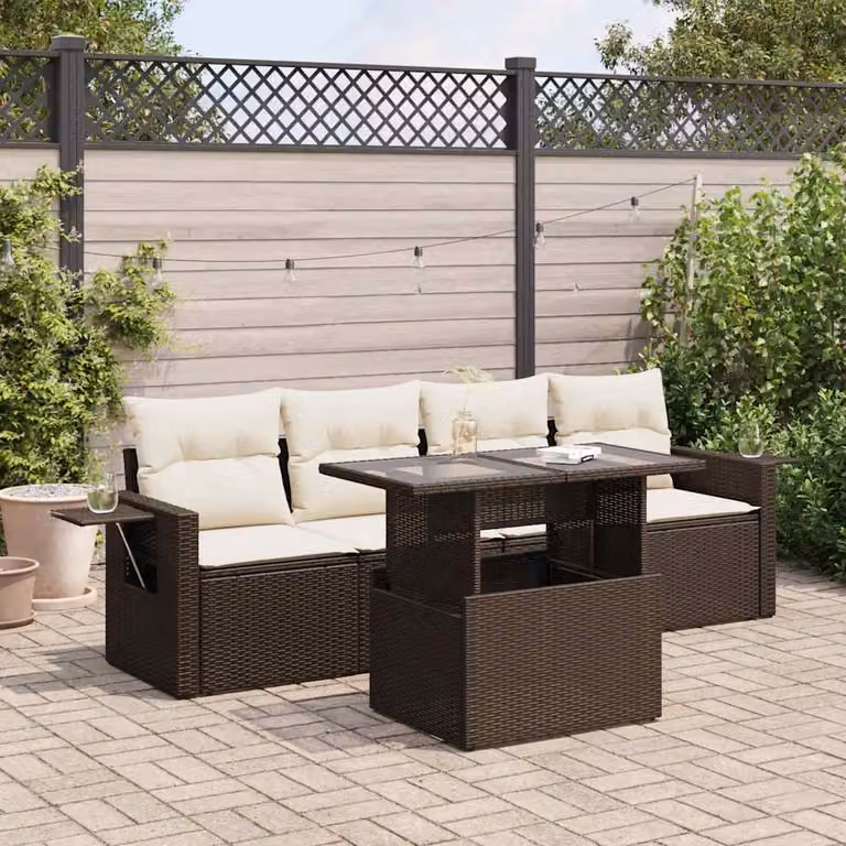 Set Divano da Giardino vidaXL 5 pz in Polyrattan Marrone con Cuscini e Tavolino per Terrazza o Giardino
